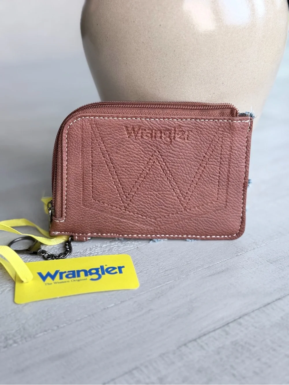 Wrangler Denim Patchwork Card Holder Wallet Keychain Coin Purse Brown Blue NWT